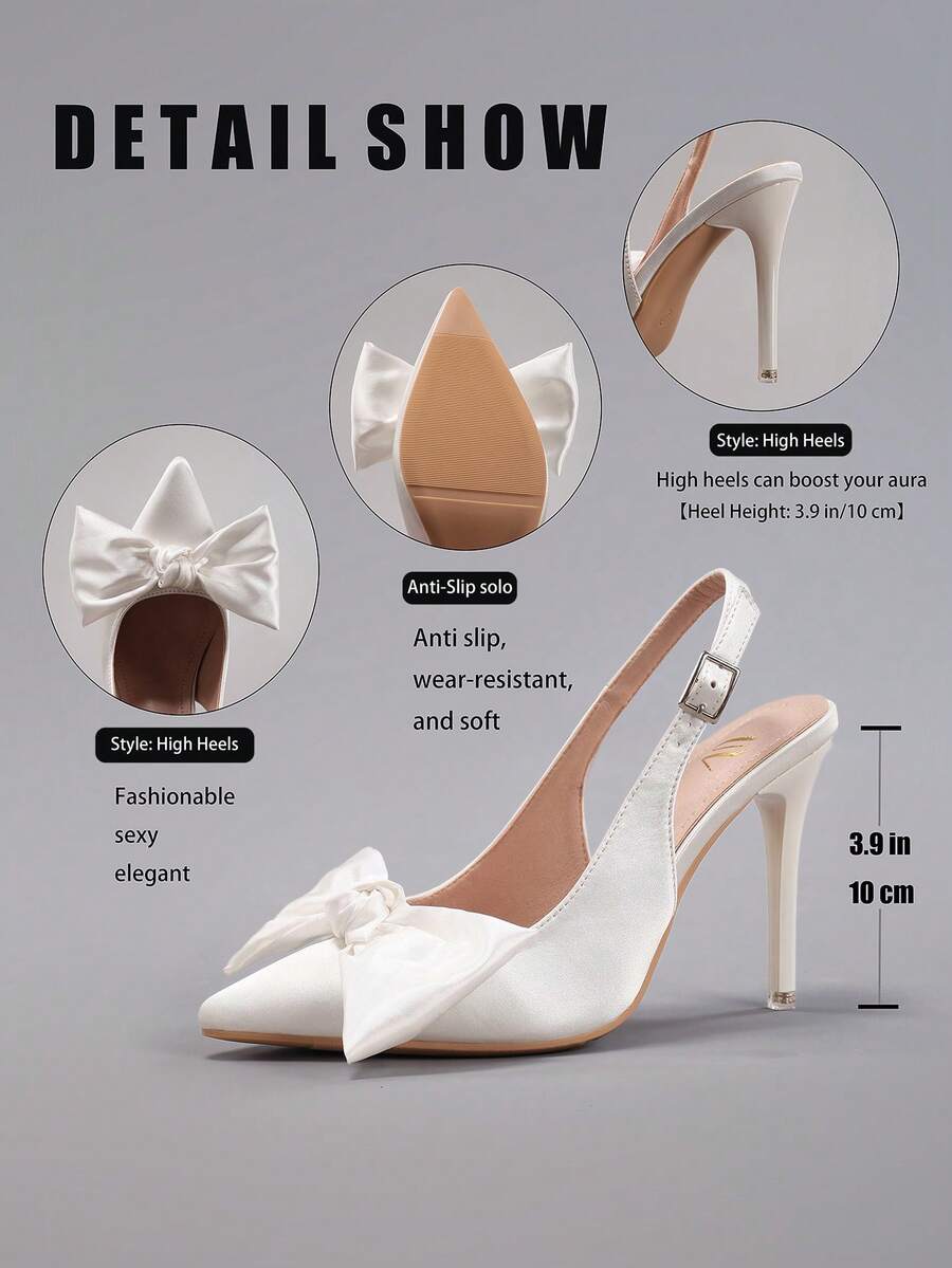 White pointed toe high heel stiletto sandals featuring lace patchwork, fringe trim, and an oversized bowknot accent.