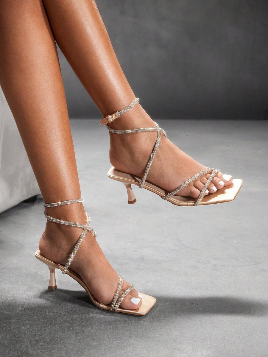 Square toe kitten heel sandals with sparkling rhinestone strap in light gold PU leather
