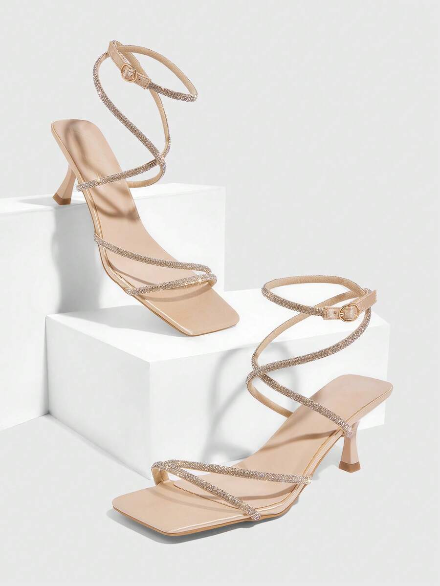 Square toe kitten heel sandals with sparkling rhinestone strap in light gold PU leather