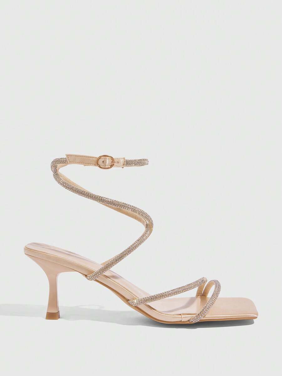 Square toe kitten heel sandals with sparkling rhinestone strap in light gold PU leather