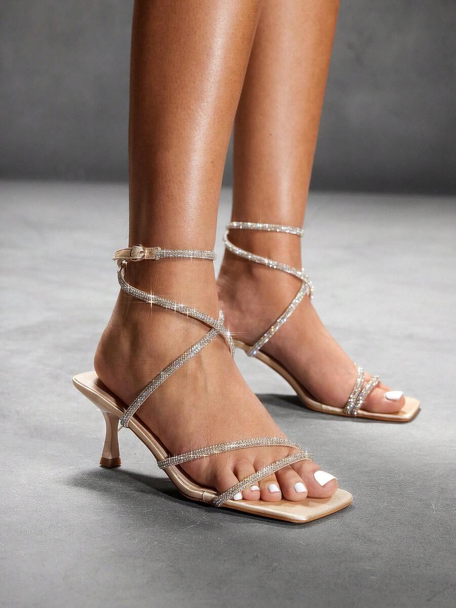 Square toe kitten heel sandals with sparkling rhinestone strap in light gold PU leather
