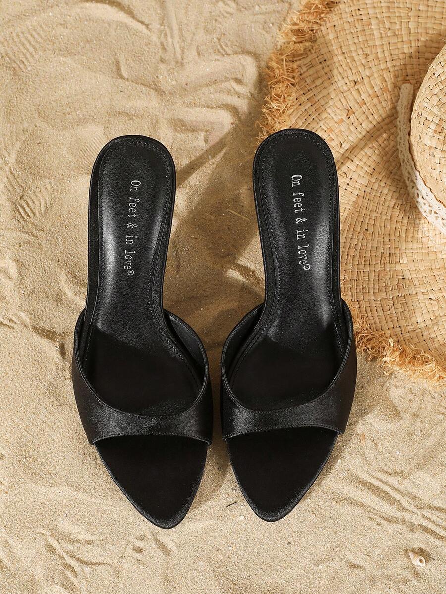Women's open toe slip-on high heel sandals featuring a smooth satin strap and elegant stiletto mid heel.
