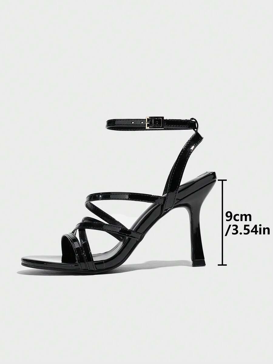Women's square toe high heel sandals featuring crystal embellishments and crossover ankle straps with buckle closure