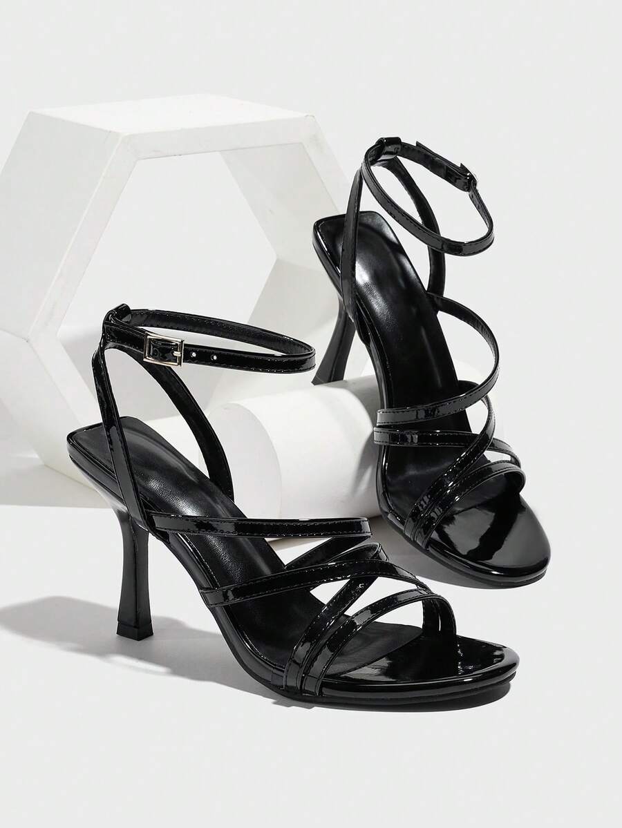 Women's square toe high heel sandals featuring crystal embellishments and crossover ankle straps with buckle closure