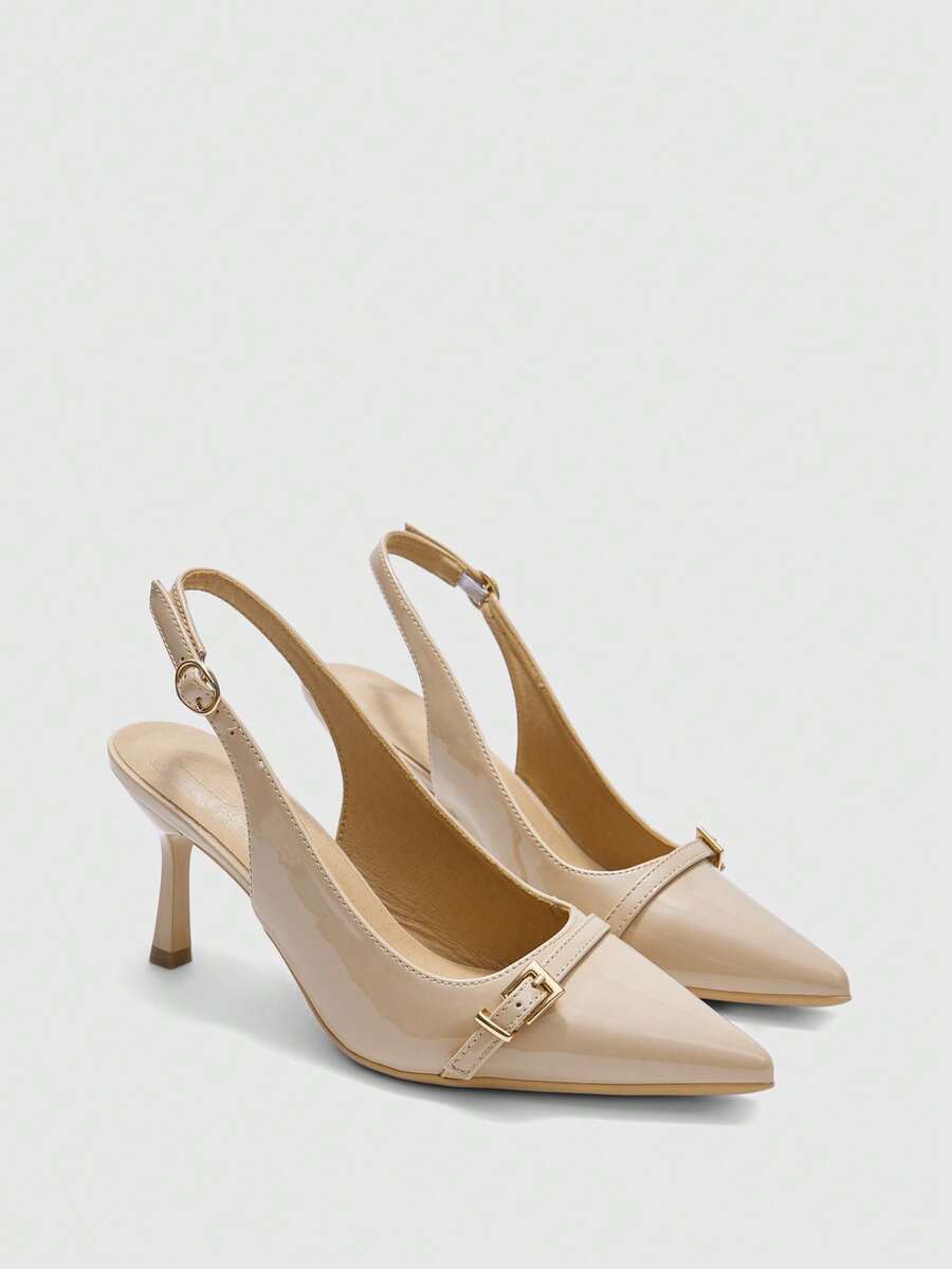 Beige pointed toe high heel pumps featuring a sleek stiletto heel and slingback strap for women.