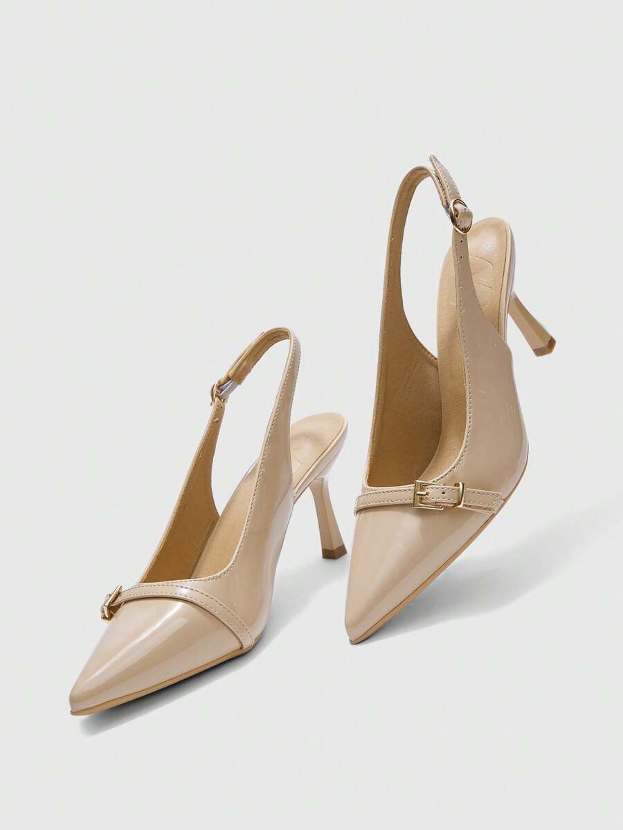 Beige pointed toe high heel pumps featuring a sleek stiletto heel and slingback strap for women.