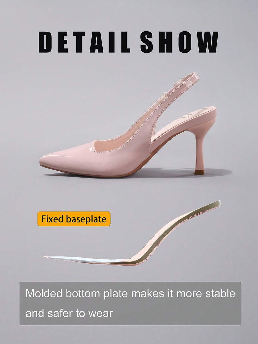 Pair of women's white pointed-toe kitten heel pumps with slingback straps and sleek patent finish