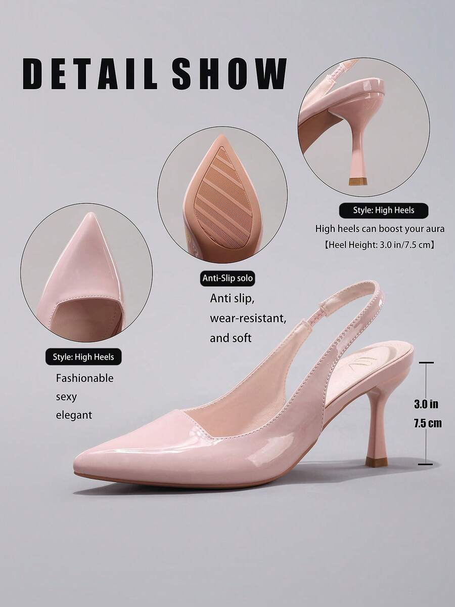Pair of women's white pointed-toe kitten heel pumps with slingback straps and sleek patent finish