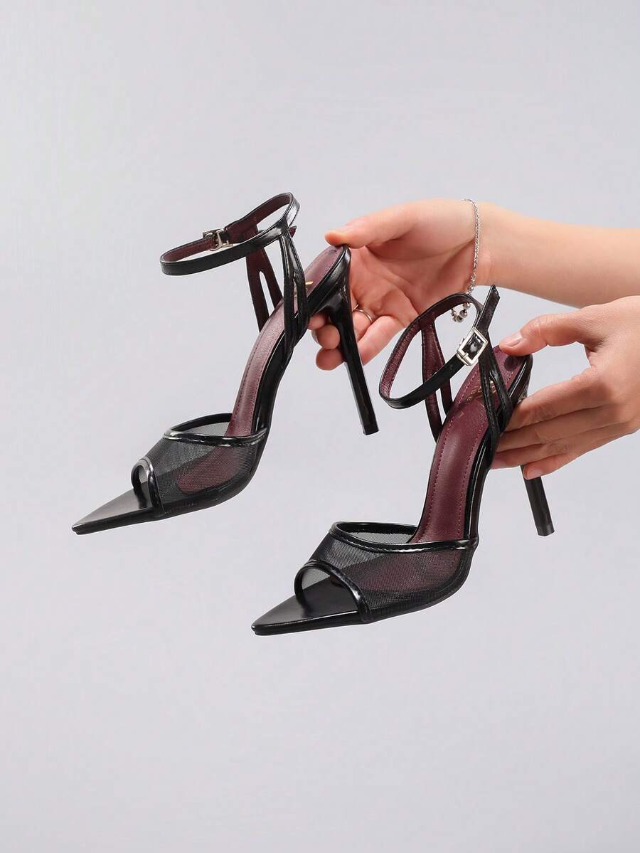 Lace stiletto high heel sandals with pointed open toe, ankle strap buckle, and bow detail