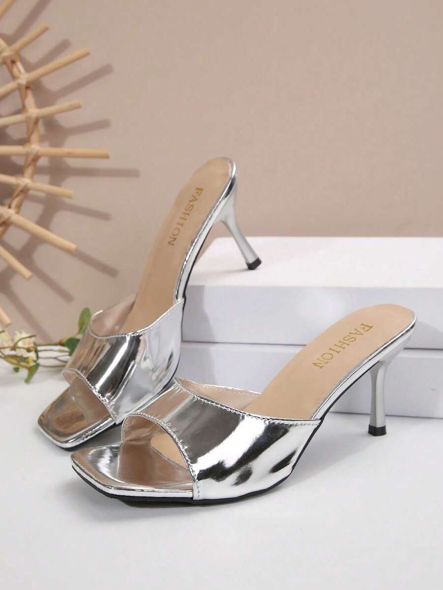 Women's open square toe slip-on high heel sandals with stiletto mid heel