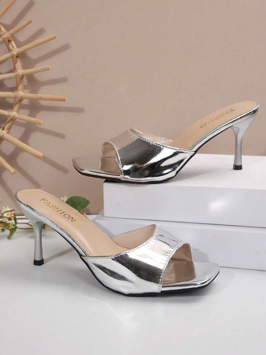 Women's open square toe slip-on high heel sandals with stiletto mid heel