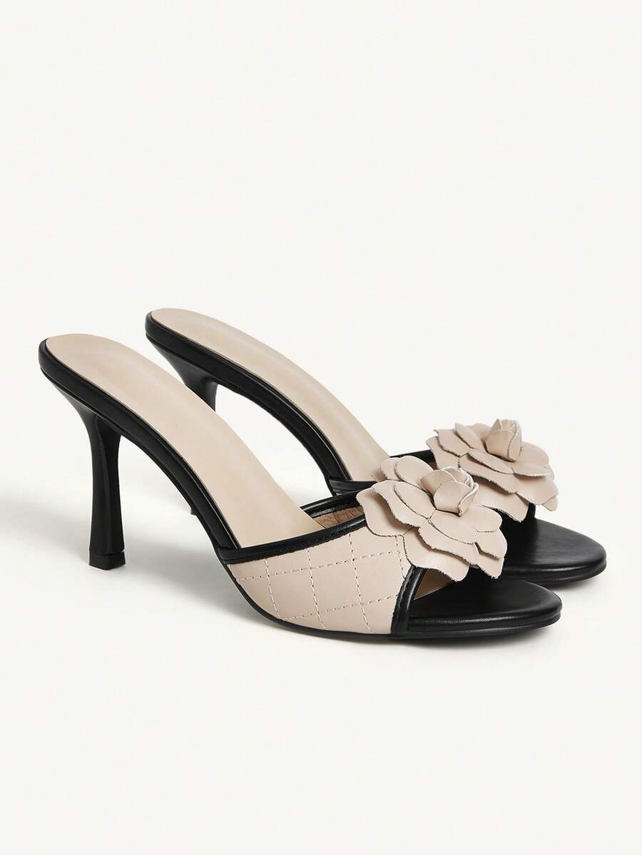 Women's golden snake pattern pointed toe thin heel strap sandals with three-dimensional camellia accent