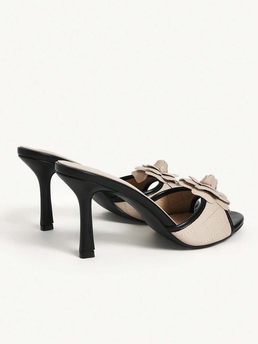 Women's golden snake pattern pointed toe thin heel strap sandals with three-dimensional camellia accent