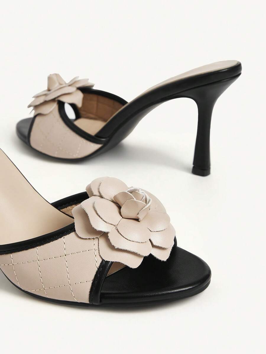 Women's golden snake pattern pointed toe thin heel strap sandals with three-dimensional camellia accent