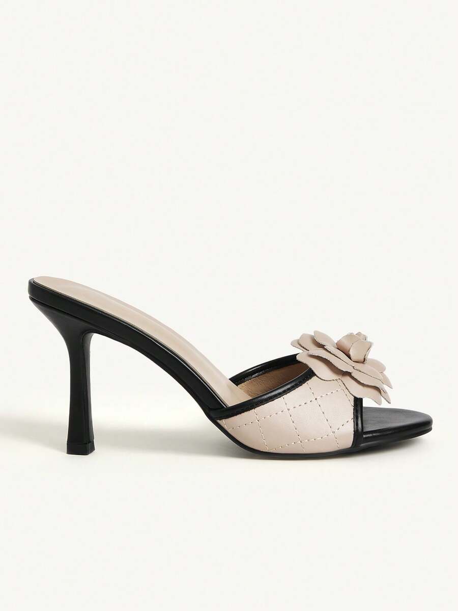 Women's golden snake pattern pointed toe thin heel strap sandals with three-dimensional camellia accent