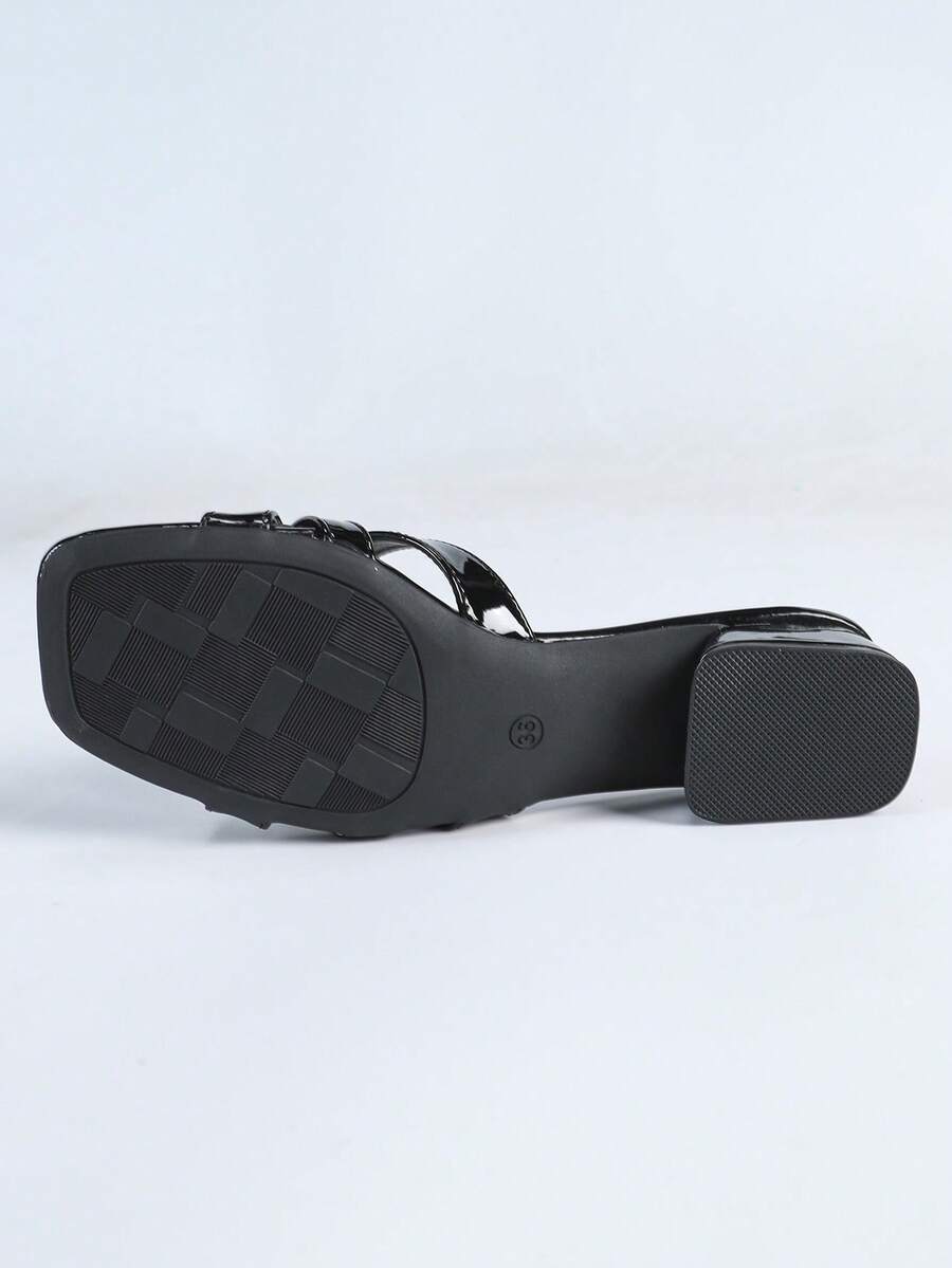 Women's multicolor square toe chunky heel sandals with bohemian textured pattern, canvas upper, and slip-on design.
