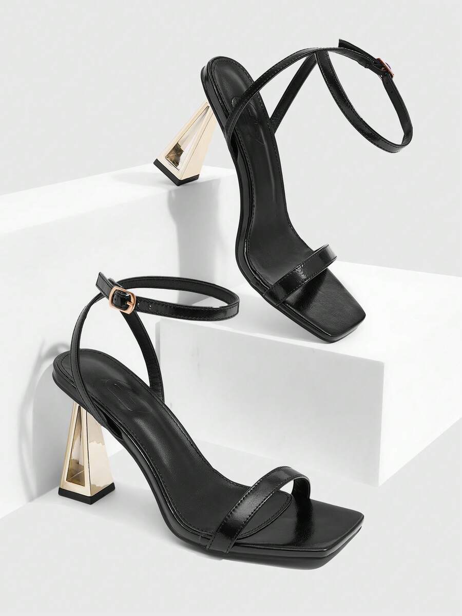 Pair of champagne square toe chunky high heel sandals featuring an open toe design and an adjustable ankle buckle strap.