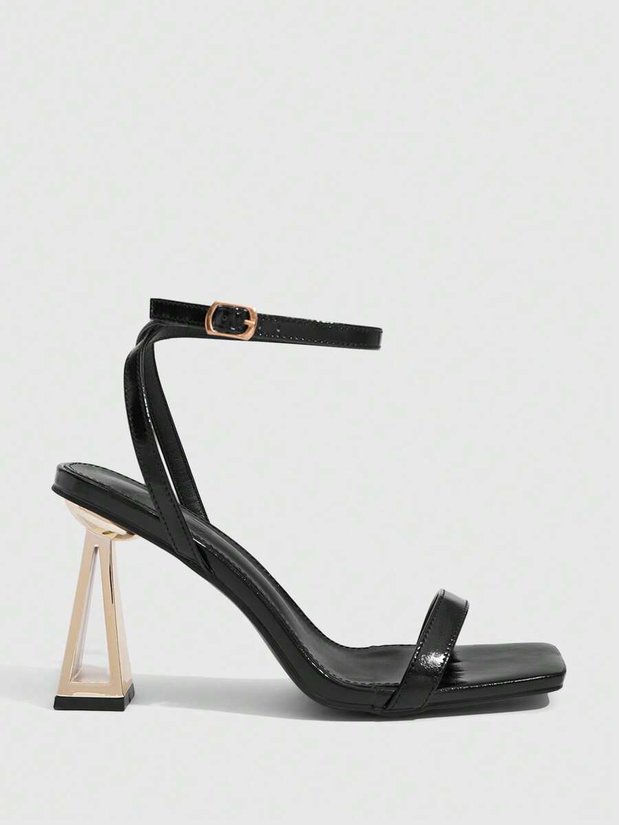 Pair of champagne square toe chunky high heel sandals featuring an open toe design and an adjustable ankle buckle strap.