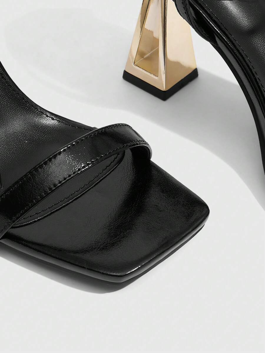 Pair of champagne square toe chunky high heel sandals featuring an open toe design and an adjustable ankle buckle strap.
