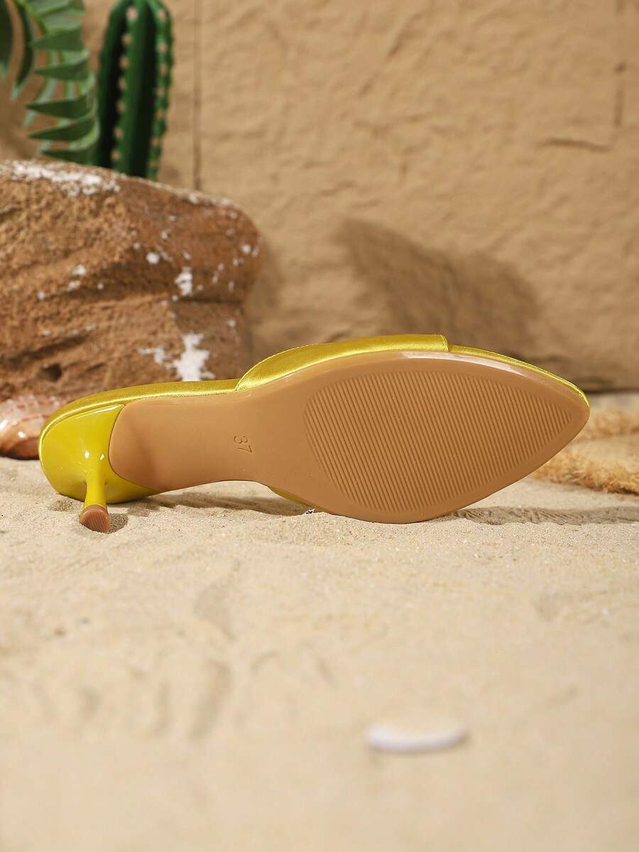 Women's open toe slip-on high heel sandals featuring a smooth satin strap and elegant stiletto mid heel.