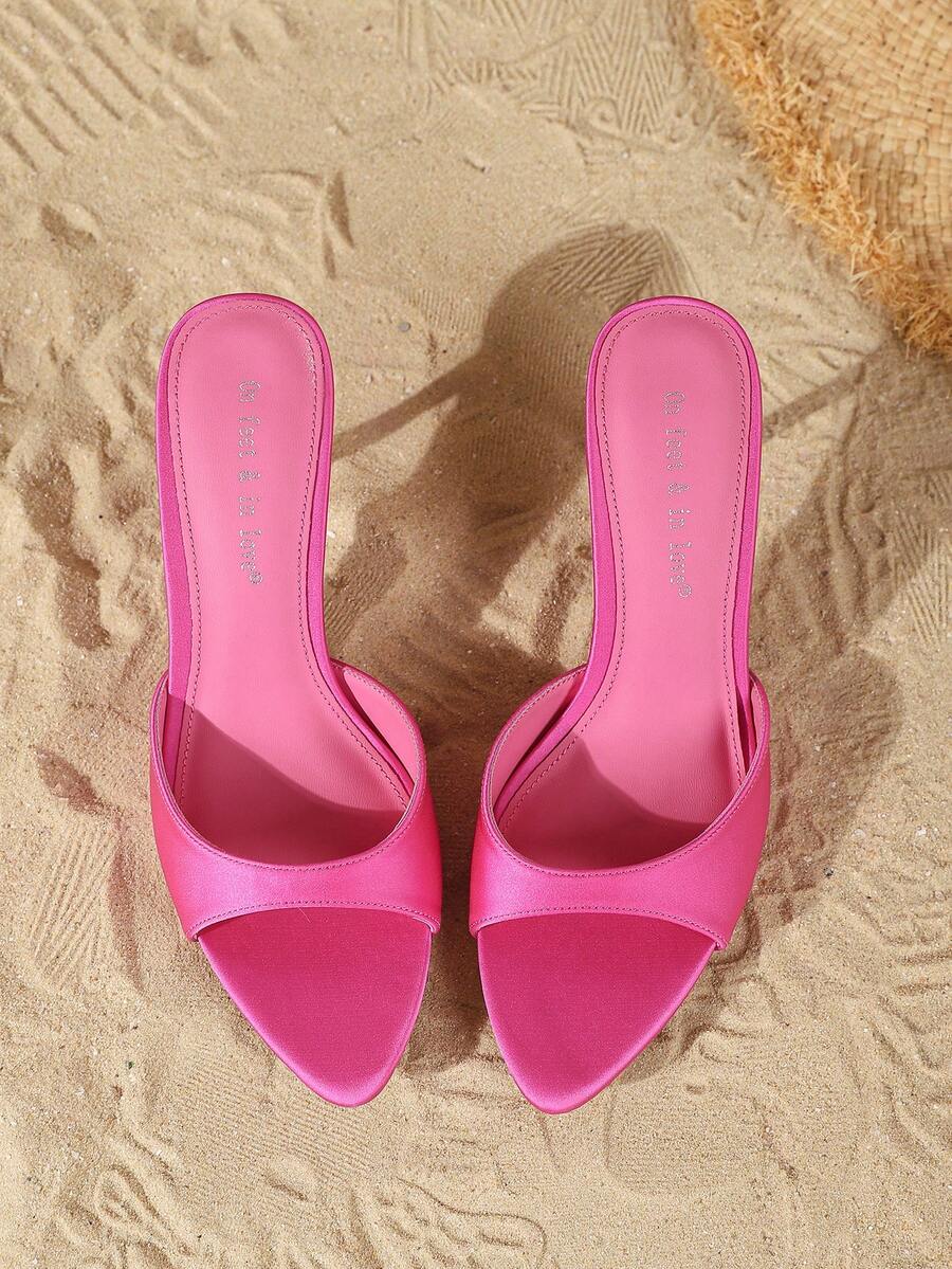 Women's open toe slip-on high heel sandals featuring a smooth satin strap and elegant stiletto mid heel.