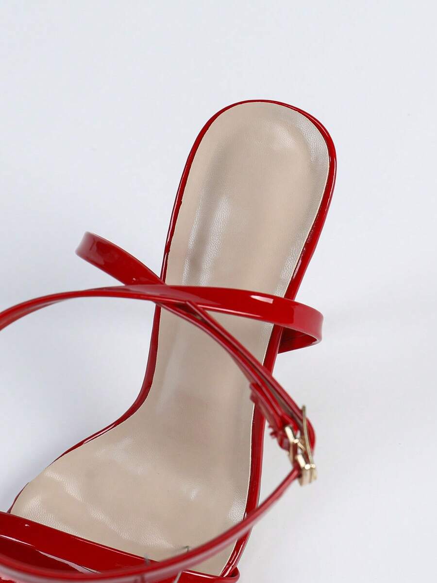Burgundy women's square toe high heel sandals featuring a mesh bow accent and ankle strap buckle on an open toe silhouette