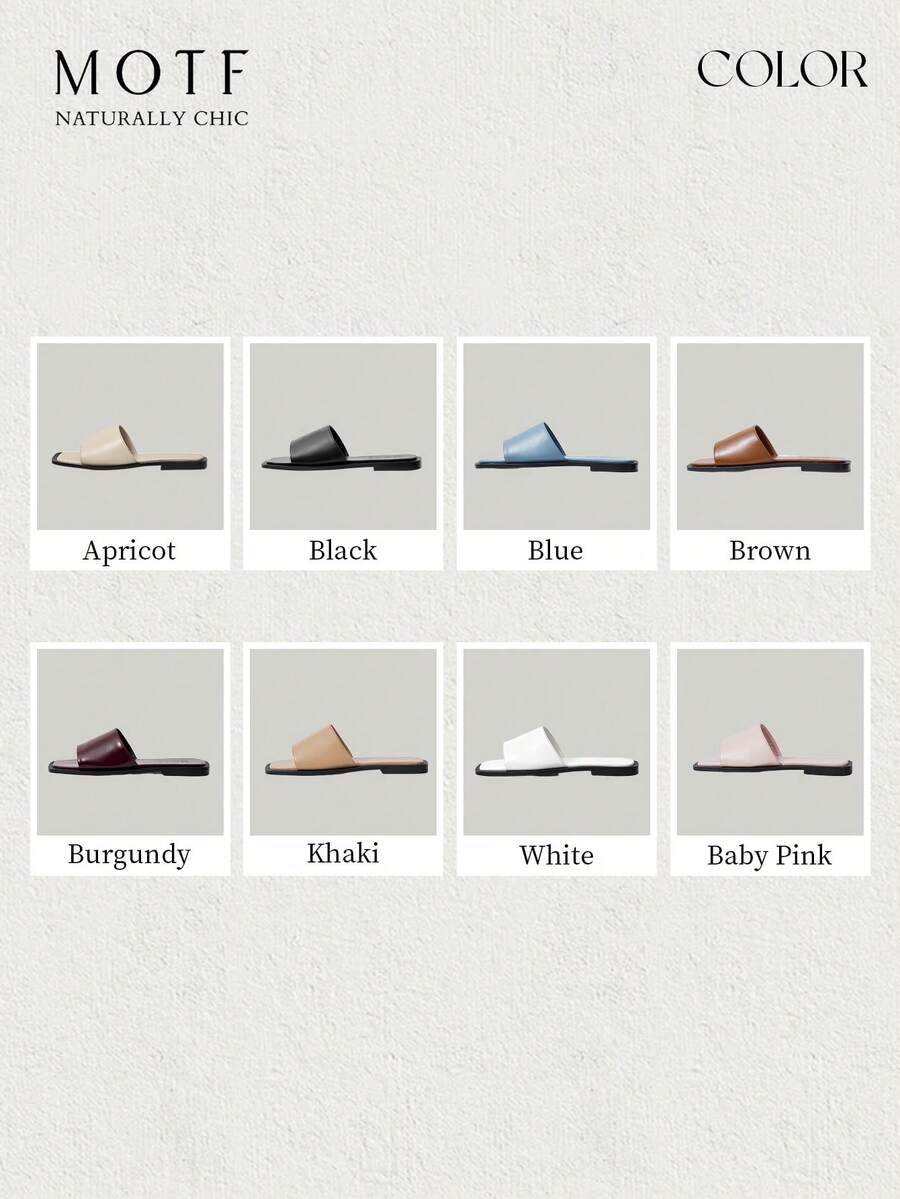 Retro women's square toe open toe flat slippers featuring a smooth PU leather finish and lightweight slip-on design.