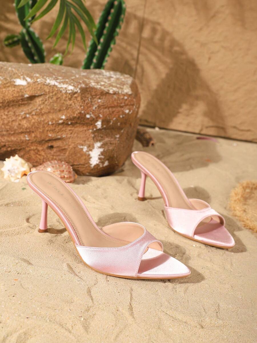 Women's open toe slip-on high heel sandals featuring a smooth satin strap and elegant stiletto mid heel.