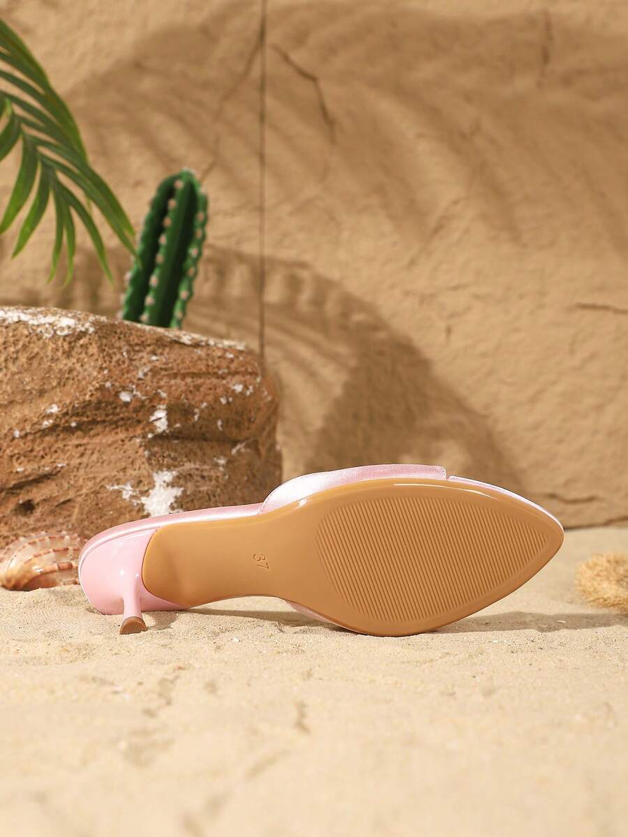 Women's open toe slip-on high heel sandals featuring a smooth satin strap and elegant stiletto mid heel.