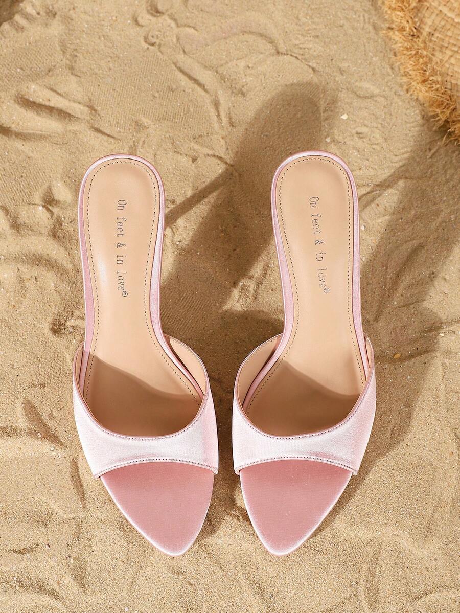 Women's open toe slip-on high heel sandals featuring a smooth satin strap and elegant stiletto mid heel.