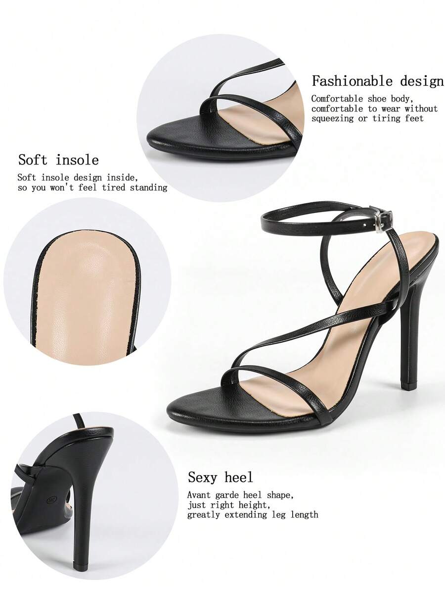Glossy high heel sandals with open round toe, stiletto heel, and cross ankle buckle strap