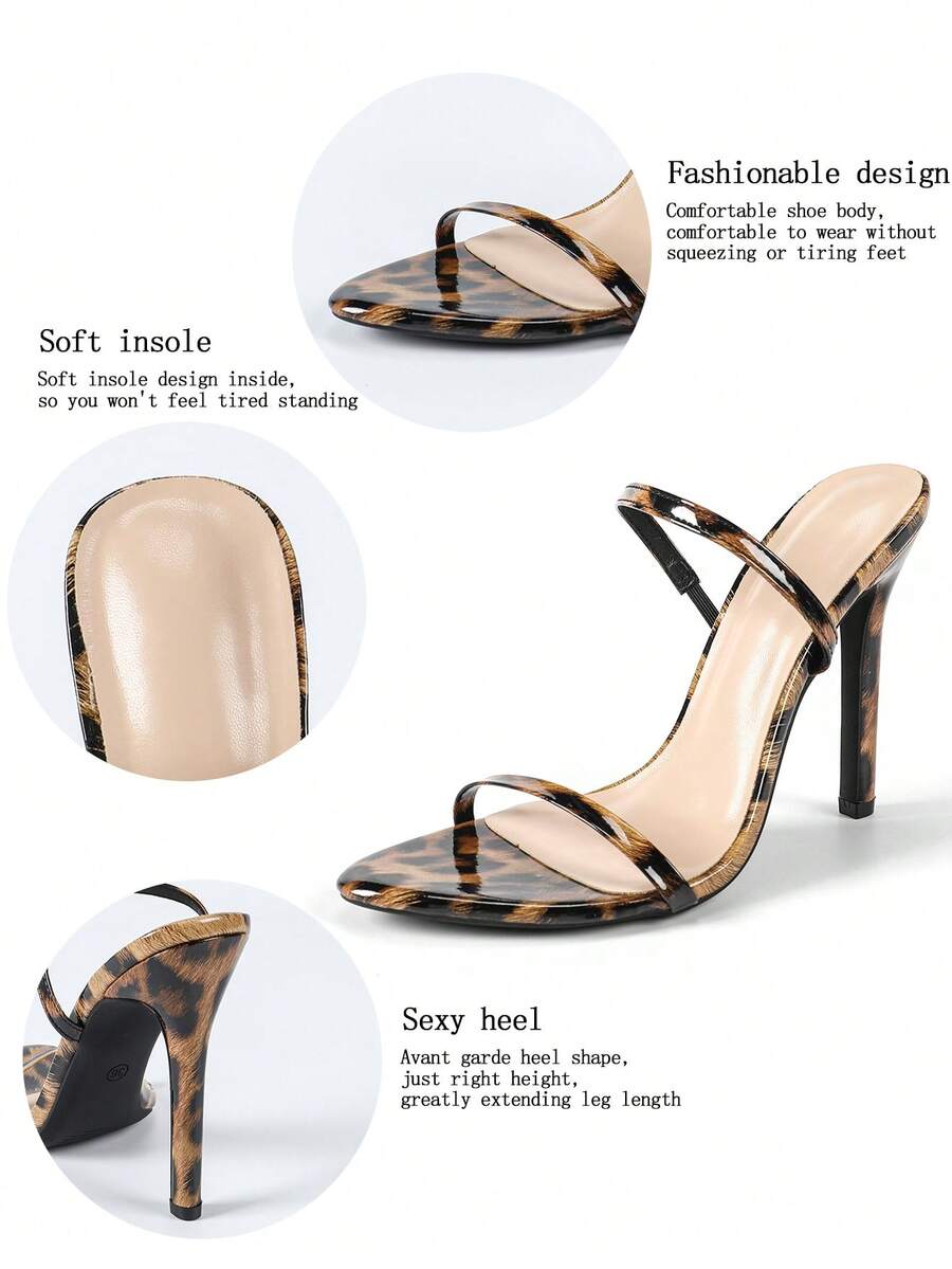 Women's stiletto high heel sandals with round open toe and back ankle strap in solid finish.