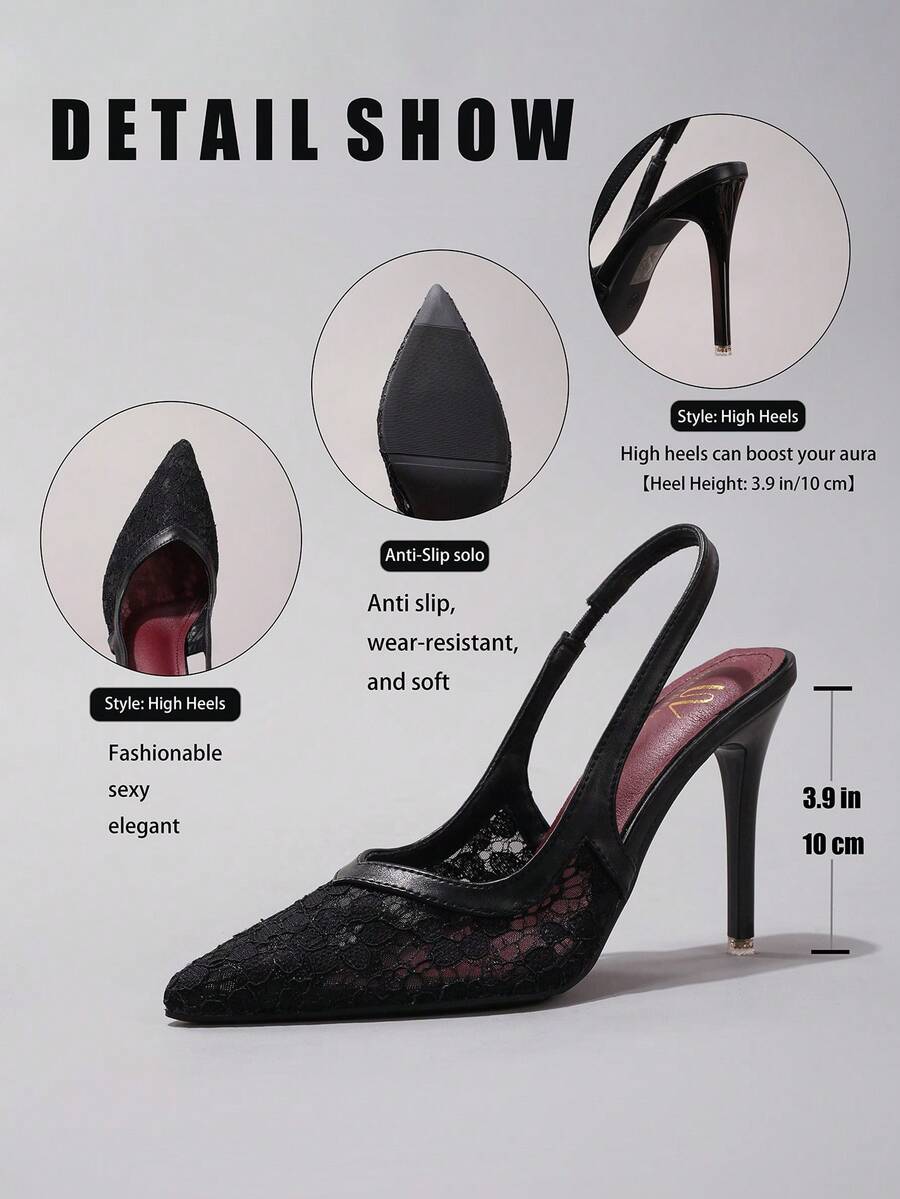 Black lace pointed toe high heel pumps featuring stiletto heels and a decorative bow accent.