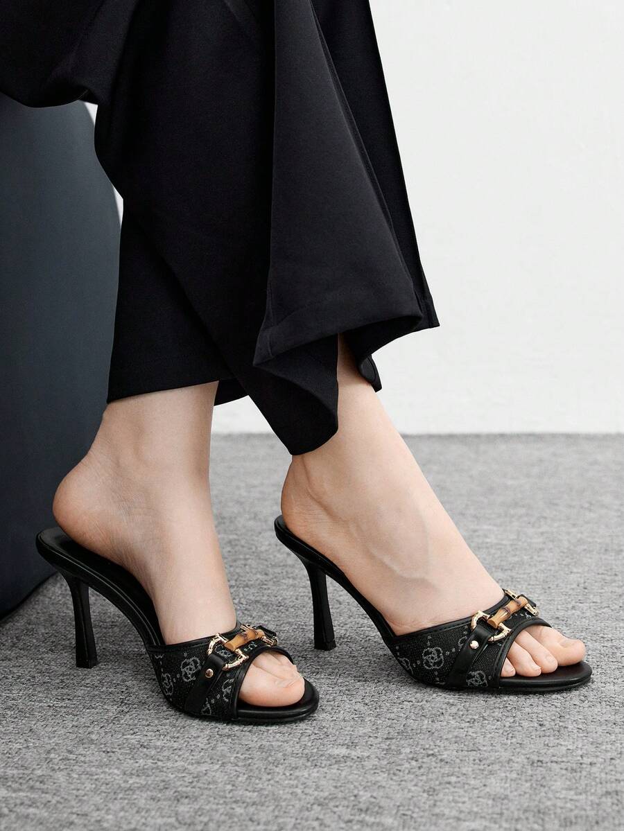 Beige pointed toe mule high heel sandals featuring gold buckle accent