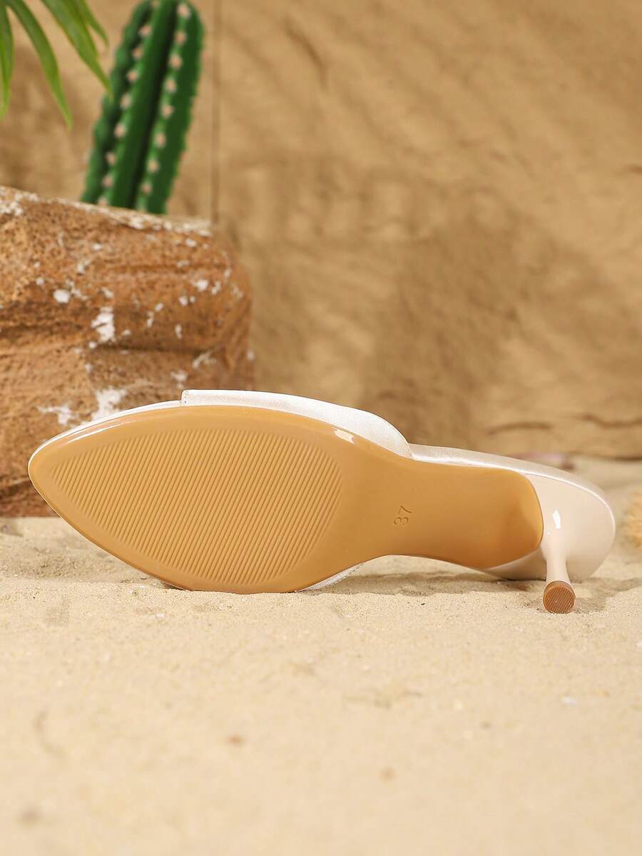 Women's open toe slip-on high heel sandals featuring a smooth satin strap and elegant stiletto mid heel.