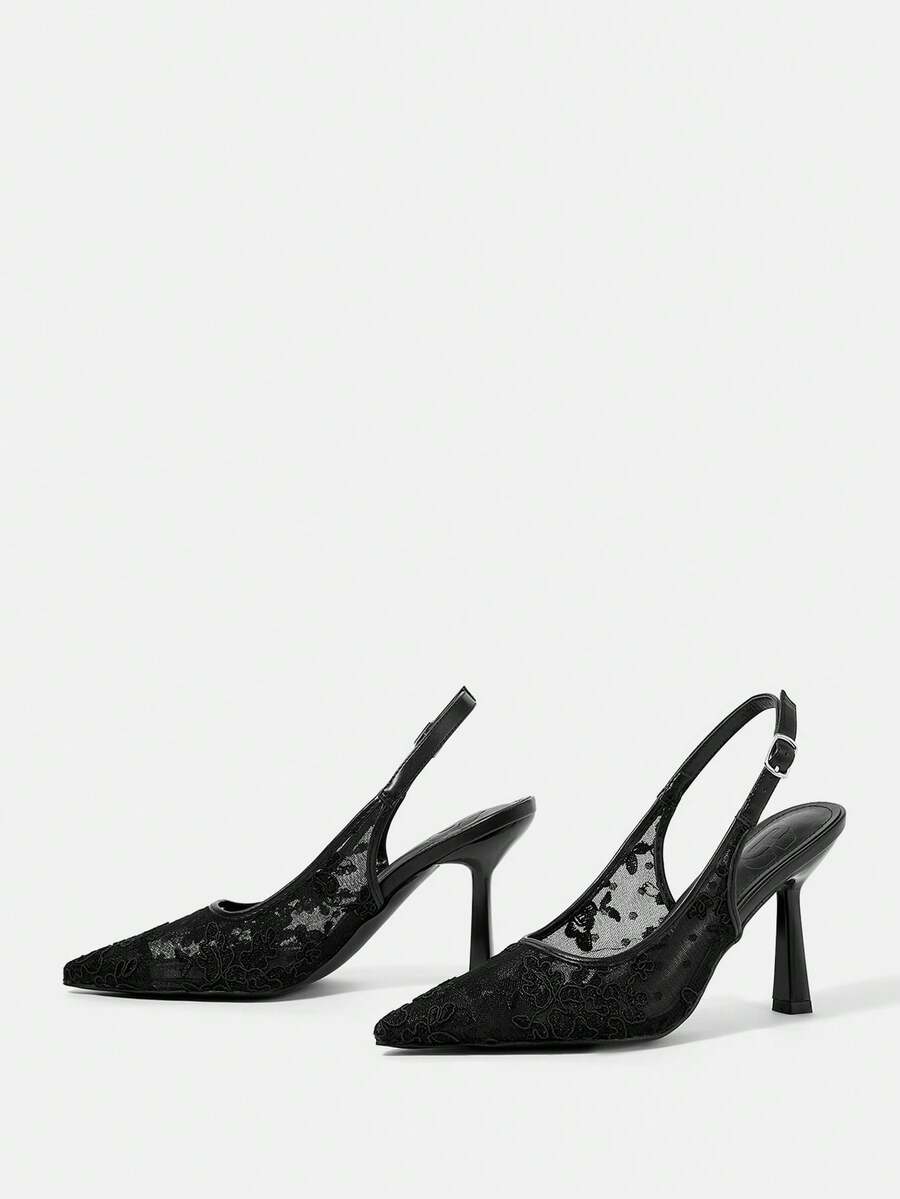 High heel wedding slingback pumps featuring delicate lace mesh upper, pointed toe, buckle strap, and stiletto heel