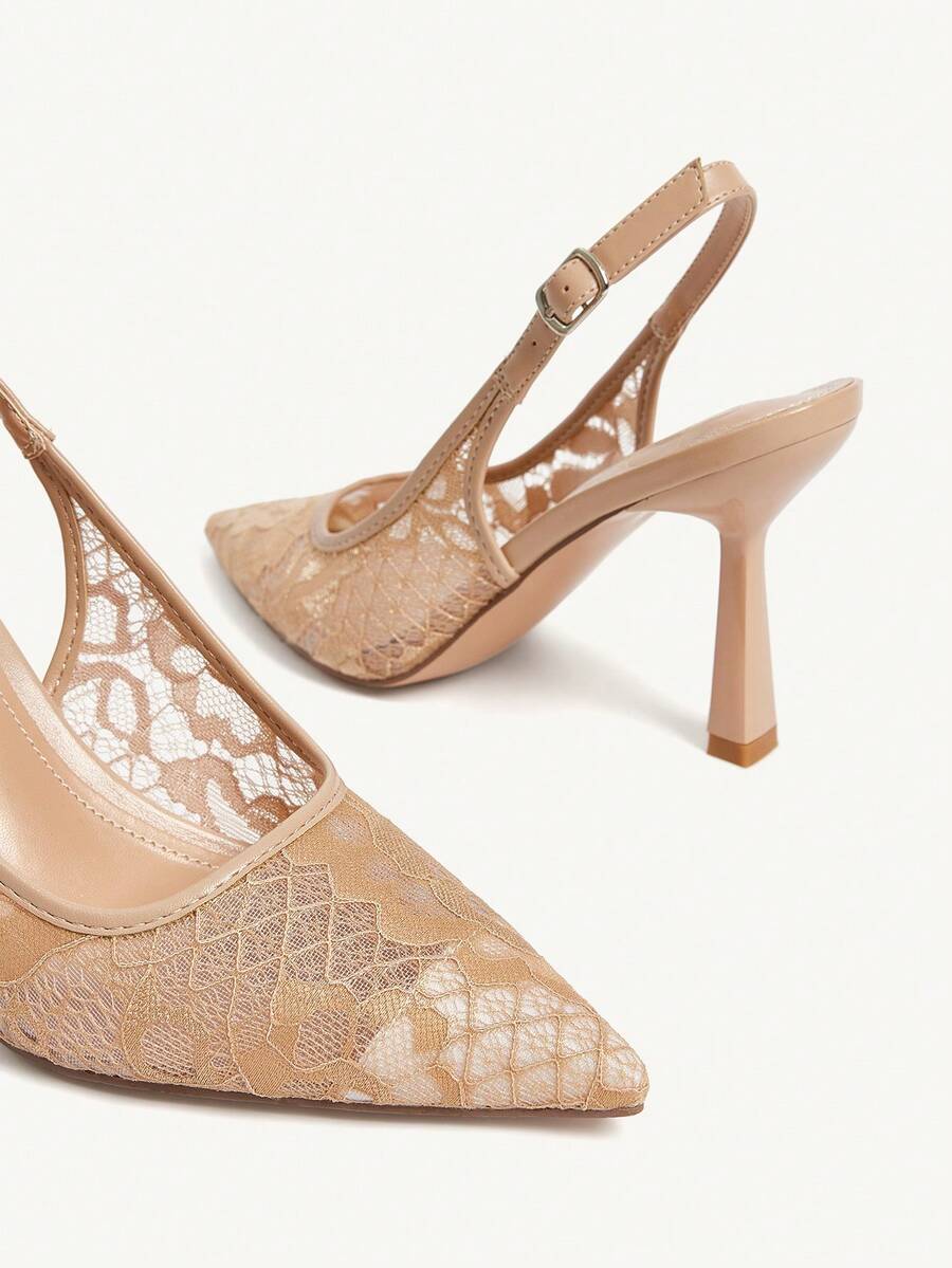 High heel wedding slingback pumps featuring delicate lace mesh upper, pointed toe, buckle strap, and stiletto heel