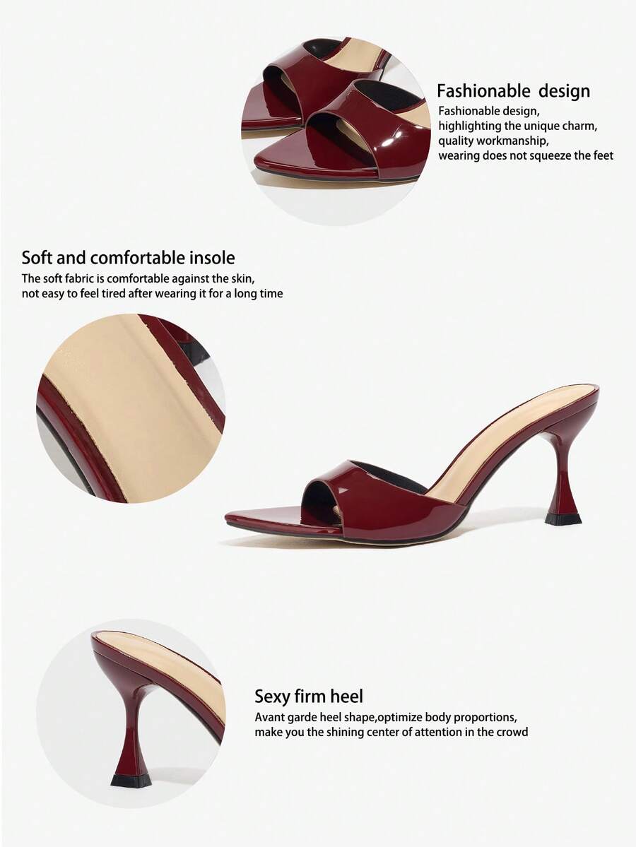 Burgundy pointed toe stiletto high heel dress mules with an open-back design and shiny patent finish