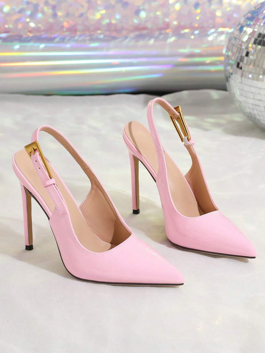Women's pointed toe stiletto high heel pumps featuring a lace bow accent and slingback buckle strap.
