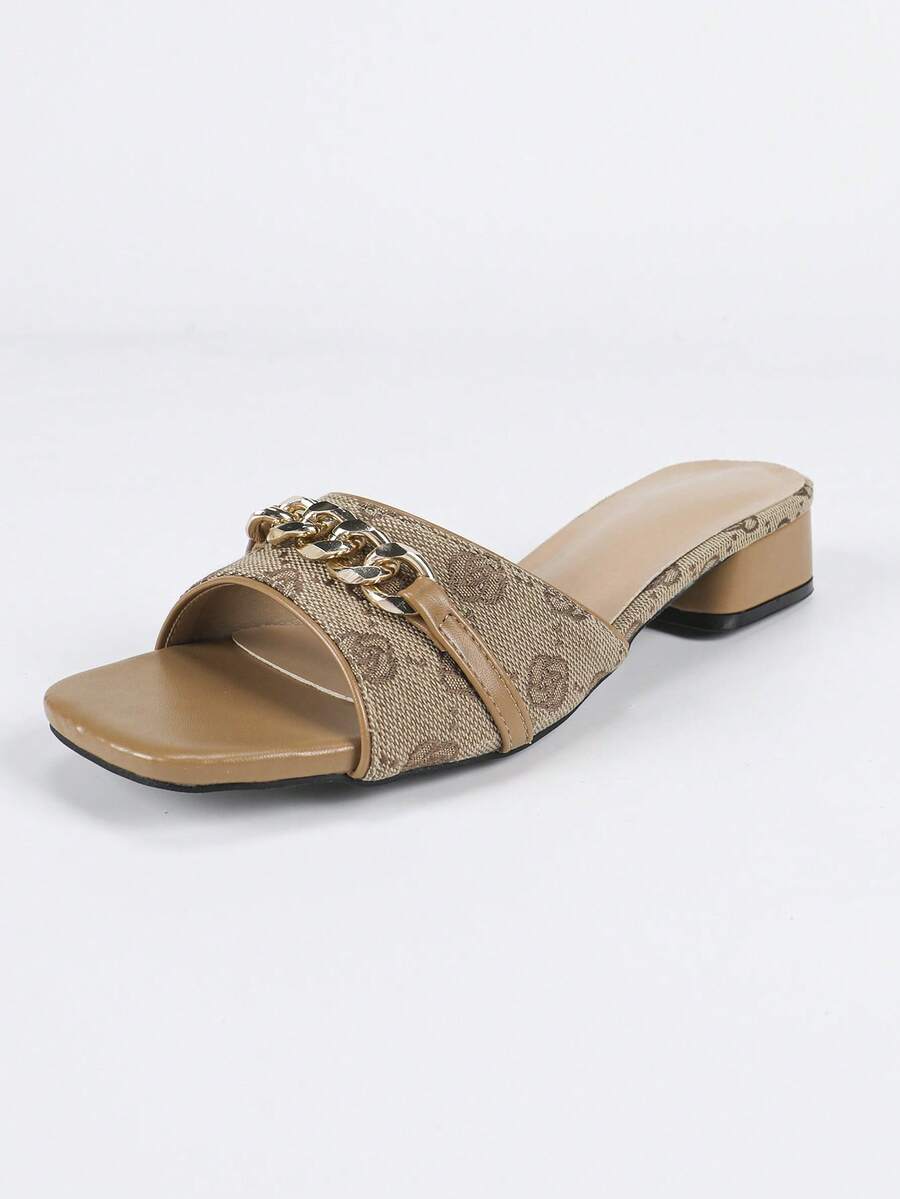 Women's multicolor square toe chunky heel sandals with bohemian textured pattern, canvas upper, and slip-on design.