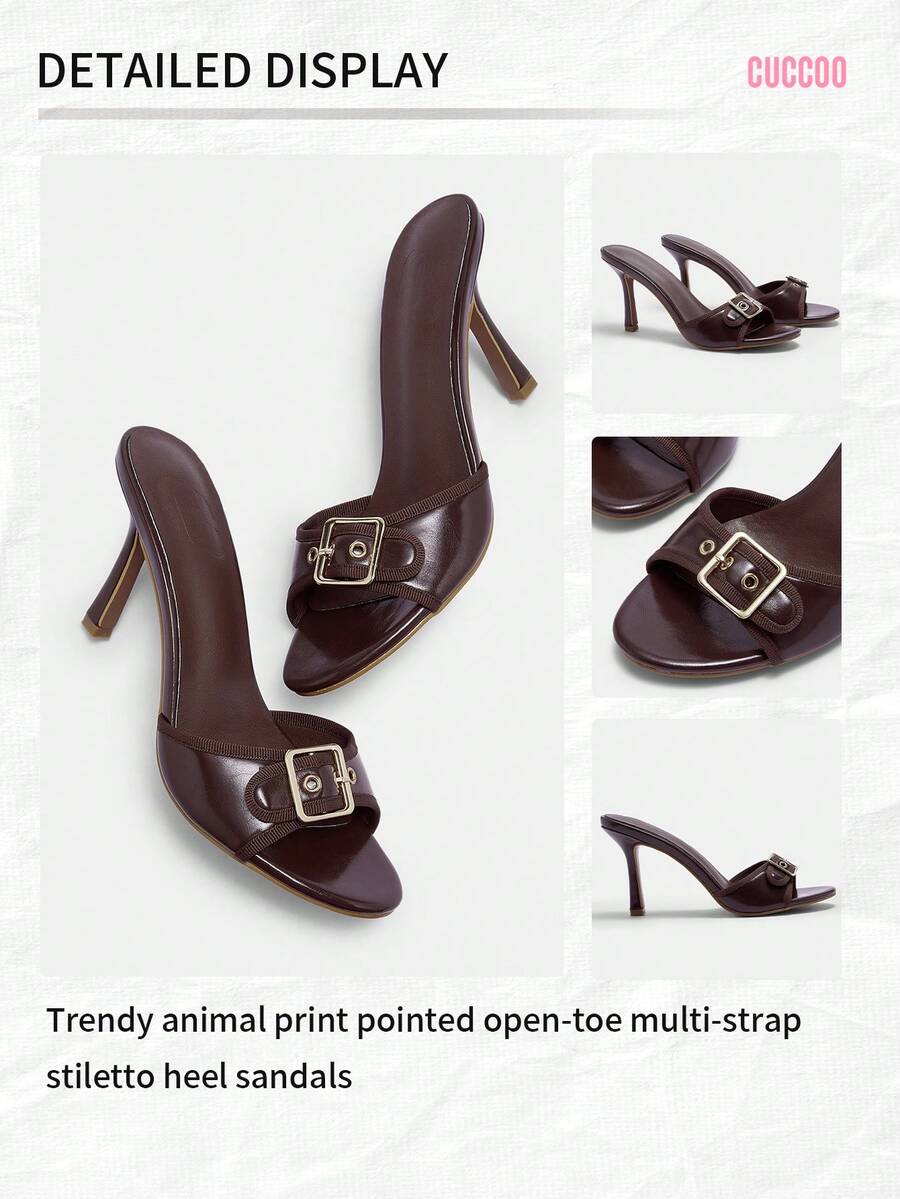Women's brown leopard print high heel mule sandals with gold-tone buckle and grommet eyelet accents.