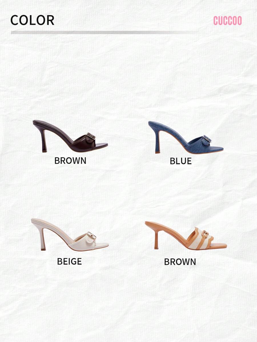 Women's brown leopard print high heel mule sandals with gold-tone buckle and grommet eyelet accents.