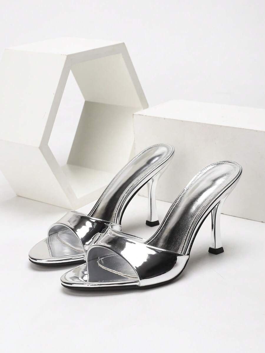 Women's open toe PU leather high heel mule sandals with stiletto heel and cut out design
