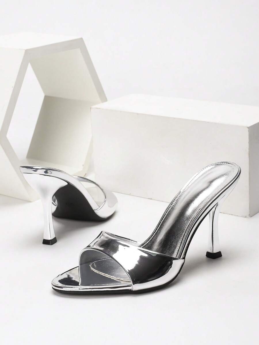 Women's open toe PU leather high heel mule sandals with stiletto heel and cut out design