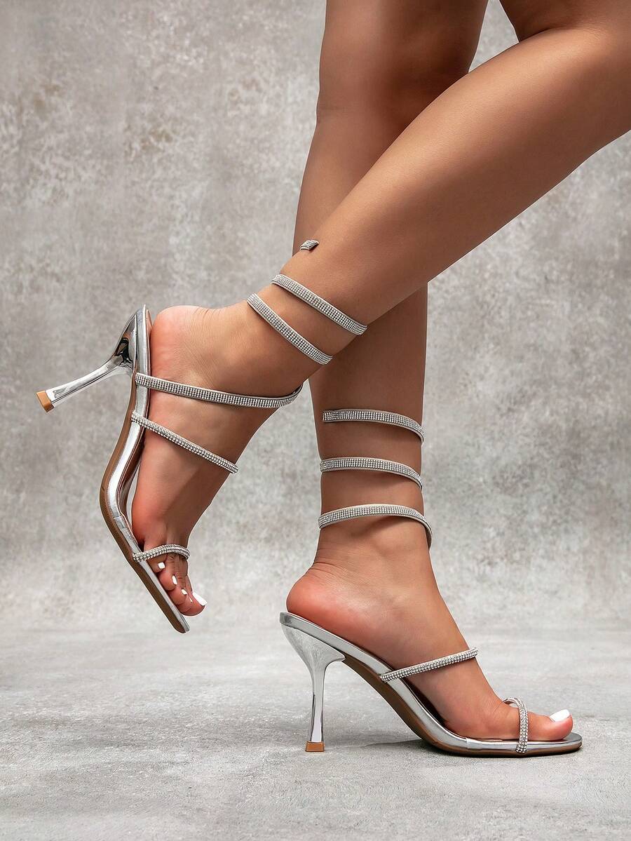 Women's sparkling rhinestone snake wrap stiletto high heel party sandals with open toe design