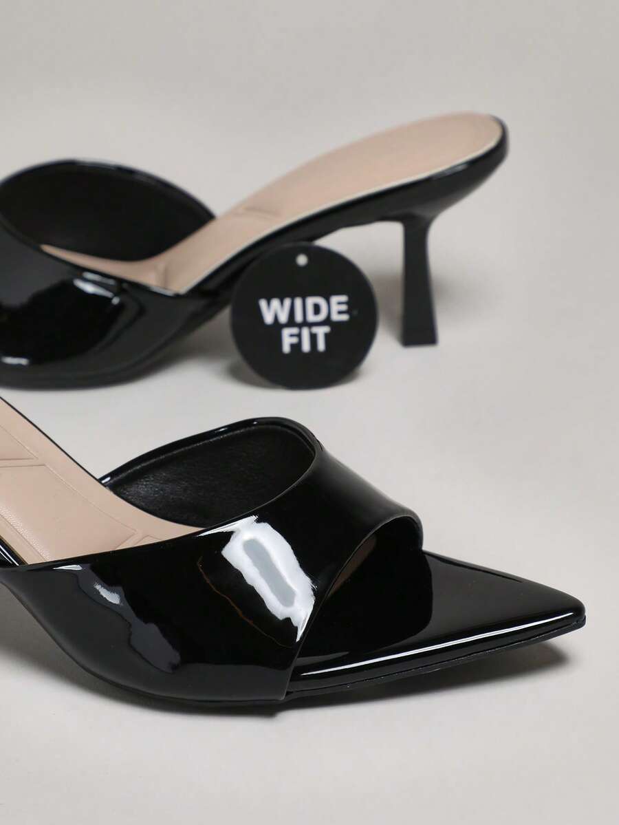 Women's wide-fit stiletto heel sandals in glossy patent PU with a sleek point toe design