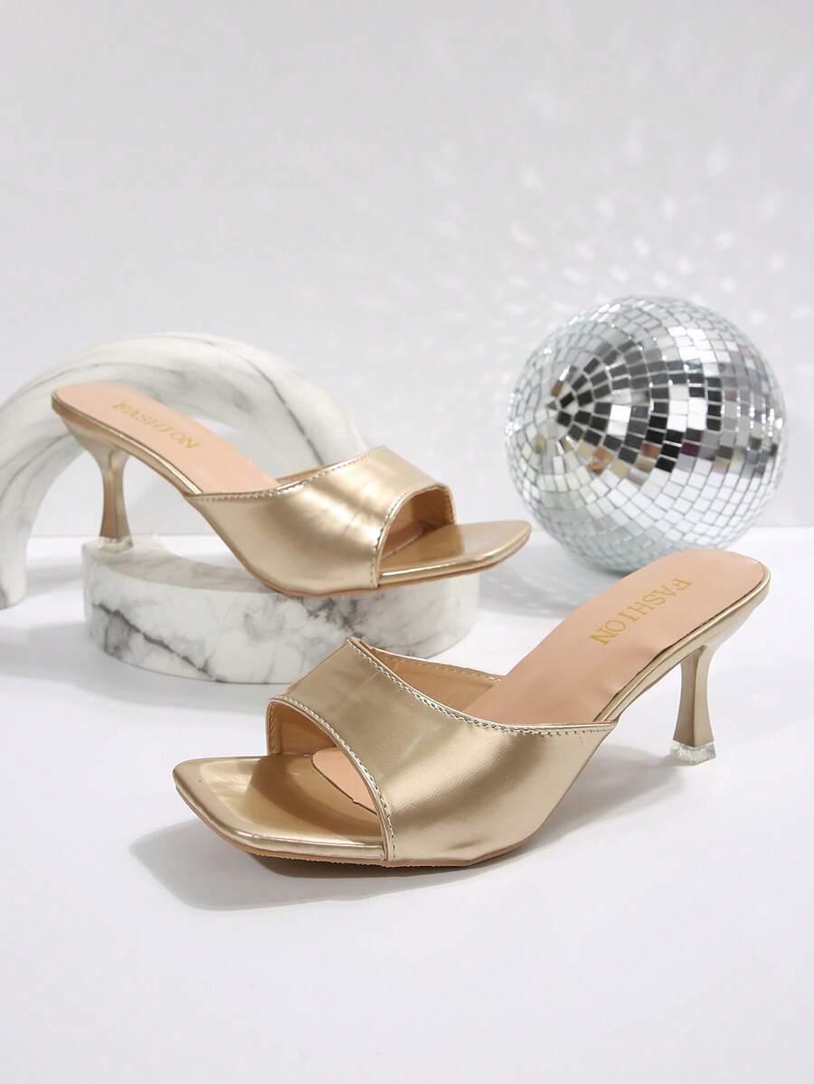 Women's open square toe slip-on high heel sandals with stiletto mid heel