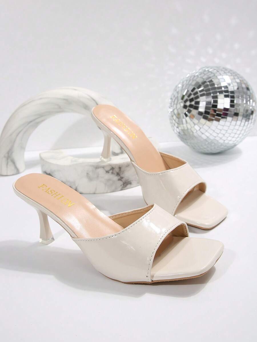 Women's open square toe slip-on high heel sandals with stiletto mid heel