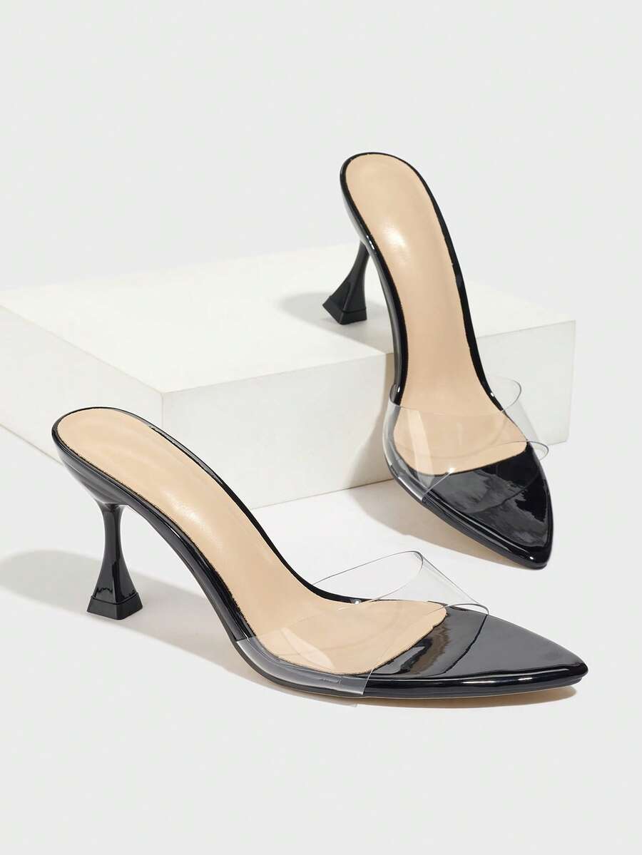 Women's pointed toe high heel mule sandals featuring a sleek slip-on design with elegant lace embroidery detailing