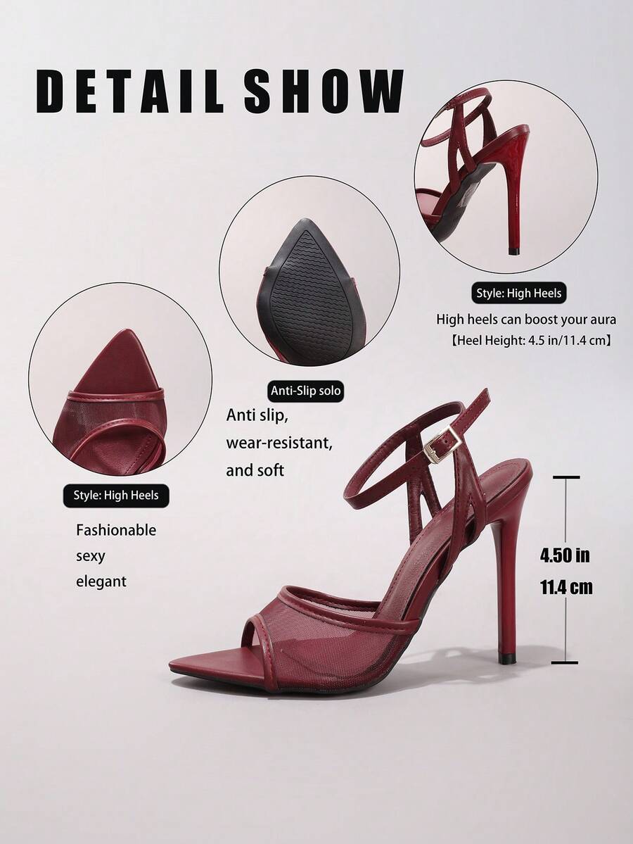Lace stiletto high heel sandals with pointed open toe, ankle strap buckle, and bow detail